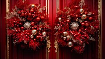 AI generated Christmas decoration details on English styled luxury high street city store door or shopping window display, holiday sale and shop decor photo