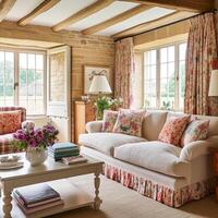 AI generated Modern cottage sitting room, living room interior design and country house home decor, sofa and lounge furniture, English Cotswolds countryside style photo