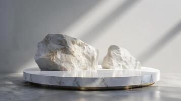 AI generated A white and gold of a nature marble platform surrounded by rocks. The background is geometric Stone and Rock shape, minimalist mockup for podium display showcase, studio room photo