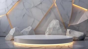 AI generated A white and gold of a nature marble platform surrounded by rocks. The background is geometric Stone and Rock shape, minimalist mockup for podium display showcase, studio room photo