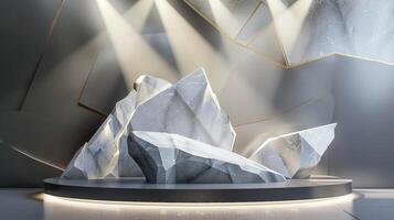 AI generated A white and gold of a nature marble platform surrounded by rocks. The background is geometric Stone and Rock shape, minimalist mockup for podium display showcase, studio room photo