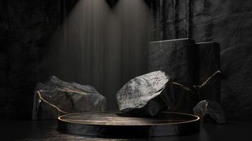 AI generated A black and gold of a nature marble platform surrounded by rocks. The background is geometric Stone and Rock shape, minimalist mockup for podium display showcase, studio room photo