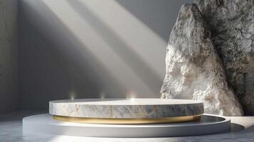 AI generated A white and gold of a nature marble platform surrounded by rocks. The background is geometric Stone and Rock shape, minimalist mockup for podium display showcase, studio room photo