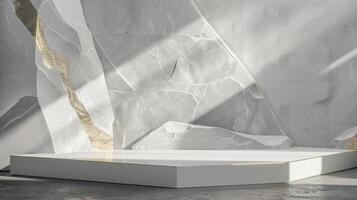 AI generated A white and gold of a nature marble platform surrounded by rocks. The background is geometric Stone and Rock shape, minimalist mockup for podium display showcase, studio room photo