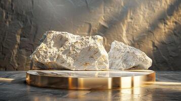 AI generated A white and gold of a nature marble platform surrounded by rocks. The background is geometric Stone and Rock shape, minimalist mockup for podium display showcase, studio room photo