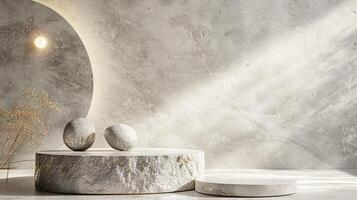 AI generated A white and gold of a nature marble platform surrounded by rocks. The background is geometric Stone and Rock shape, minimalist mockup for podium display showcase, studio room photo