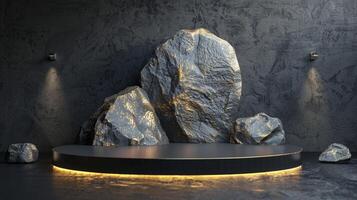 AI generated A black and gold of a nature marble platform surrounded by rocks. The background is geometric Stone and Rock shape, minimalist mockup for podium display showcase, studio room photo