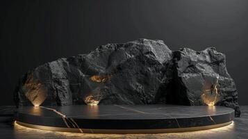 AI generated A black and gold of a nature marble platform surrounded by rocks. The background is geometric Stone and Rock shape, minimalist mockup for podium display showcase, studio room photo