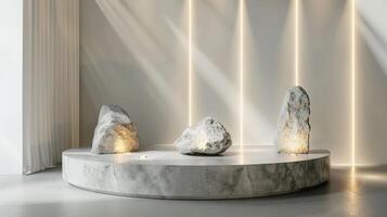 AI generated A white and gold of a nature marble platform surrounded by rocks. The background is geometric Stone and Rock shape, minimalist mockup for podium display showcase, studio room photo