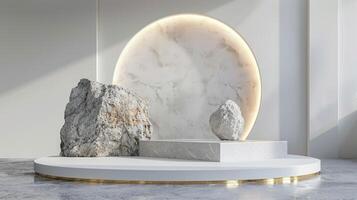 AI generated A white and gold of a nature marble platform surrounded by rocks. The background is geometric Stone and Rock shape, minimalist mockup for podium display showcase, studio room photo