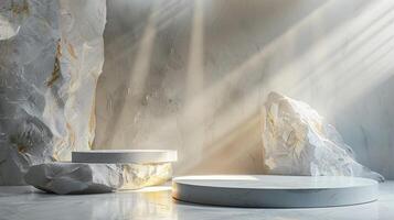 AI generated A white and gold of a nature marble platform surrounded by rocks. The background is geometric Stone and Rock shape, minimalist mockup for podium display showcase, studio room photo