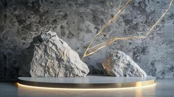 AI generated A white and gold of a nature marble platform surrounded by rocks. The background is geometric Stone and Rock shape, minimalist mockup for podium display showcase, studio room photo