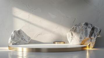 AI generated A white and gold of a nature marble platform surrounded by rocks. The background is geometric Stone and Rock shape, minimalist mockup for podium display showcase, studio room photo