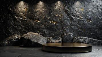 AI generated A black and gold of a nature marble platform surrounded by rocks. The background is geometric Stone and Rock shape, minimalist mockup for podium display showcase, studio room photo