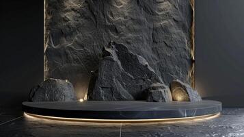 AI generated A black and gold of a nature marble platform surrounded by rocks. The background is geometric Stone and Rock shape, minimalist mockup for podium display showcase, studio room photo