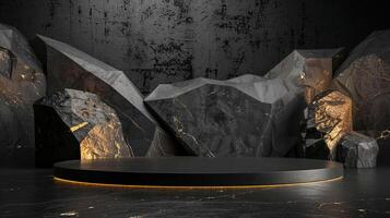 AI generated A black and gold of a nature marble platform surrounded by rocks. The background is geometric Stone and Rock shape, minimalist mockup for podium display showcase, studio room photo