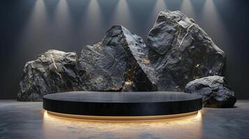 AI generated A black and gold of a nature marble platform surrounded by rocks. The background is geometric Stone and Rock shape, minimalist mockup for podium display showcase, studio room photo