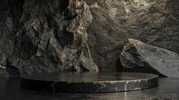 AI generated A black and gold of a nature marble platform surrounded by rocks. The background is geometric Stone and Rock shape, minimalist mockup for podium display showcase, studio room photo