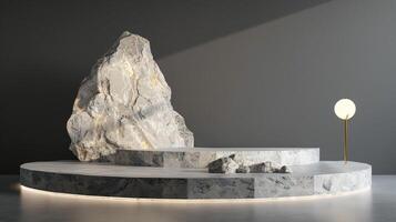 AI generated A white and gold of a nature marble platform surrounded by rocks. The background is geometric Stone and Rock shape, minimalist mockup for podium display showcase, studio room photo