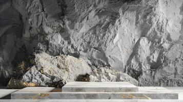 AI generated A white and gold of a nature marble platform surrounded by rocks. The background is geometric Stone and Rock shape, minimalist mockup for podium display showcase, studio room photo