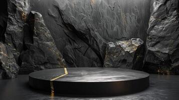 AI generated A black and gold of a nature marble platform surrounded by rocks. The background is geometric Stone and Rock shape, minimalist mockup for podium display showcase, studio room photo