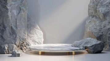 AI generated A white and gold of a nature marble platform surrounded by rocks. The background is geometric Stone and Rock shape, minimalist mockup for podium display showcase, studio room photo