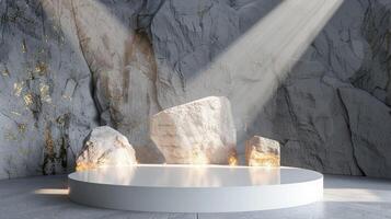 AI generated A white and gold of a nature marble platform surrounded by rocks. The background is geometric Stone and Rock shape, minimalist mockup for podium display showcase, studio room photo