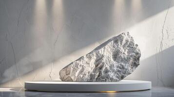 AI generated A white and gold of a nature marble platform surrounded by rocks. The background is geometric Stone and Rock shape, minimalist mockup for podium display showcase, studio room photo