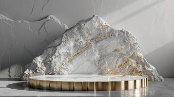AI generated A white and gold of a nature marble platform surrounded by rocks. The background is geometric Stone and Rock shape, minimalist mockup for podium display showcase, studio room photo