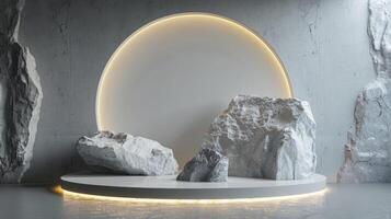 AI generated A white and gold of a nature marble platform surrounded by rocks. The background is geometric Stone and Rock shape, minimalist mockup for podium display showcase, studio room photo