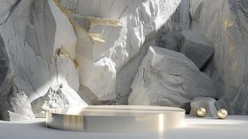 AI generated A white and gold of a nature marble platform surrounded by rocks. The background is geometric Stone and Rock shape, minimalist mockup for podium display showcase, studio room photo
