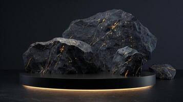 AI generated A black and gold of a nature marble platform surrounded by rocks. The background is geometric Stone and Rock shape, minimalist mockup for podium display showcase, studio room photo