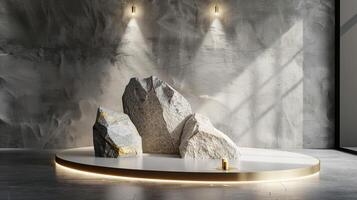 AI generated A white and gold of a nature marble platform surrounded by rocks. The background is geometric Stone and Rock shape, minimalist mockup for podium display showcase, studio room photo
