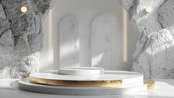AI generated A white and gold of a nature marble platform surrounded by rocks. The background is geometric Stone and Rock shape, minimalist mockup for podium display showcase, studio room photo