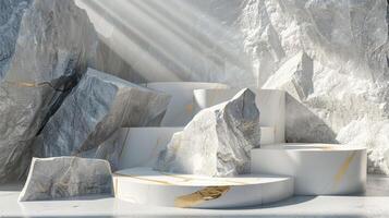 AI generated A white and gold of a nature marble platform surrounded by rocks. The background is geometric Stone and Rock shape, minimalist mockup for podium display showcase, studio room photo