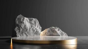 AI generated A white and gold of a nature marble platform surrounded by rocks. The background is geometric Stone and Rock shape, minimalist mockup for podium display showcase, studio room photo