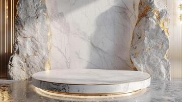 AI generated A white and gold of a nature marble platform surrounded by rocks. The background is geometric Stone and Rock shape, minimalist mockup for podium display showcase, studio room photo