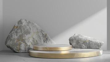 AI generated A white and gold of a nature marble platform surrounded by rocks. The background is geometric Stone and Rock shape, minimalist mockup for podium display showcase, studio room photo