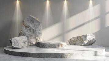 AI generated A white and gold of a nature marble platform surrounded by rocks. The background is geometric Stone and Rock shape, minimalist mockup for podium display showcase, studio room photo