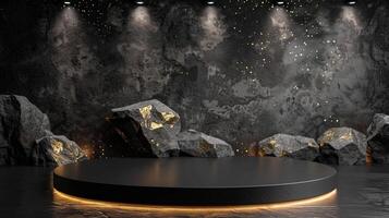 AI generated A black and gold of a nature marble platform surrounded by rocks. The background is geometric Stone and Rock shape, minimalist mockup for podium display showcase, studio room photo