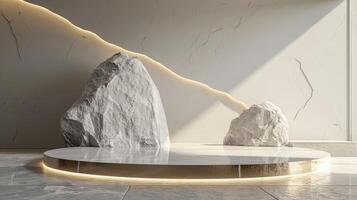 AI generated A white and gold of a nature marble platform surrounded by rocks. The background is geometric Stone and Rock shape, minimalist mockup for podium display showcase, studio room photo