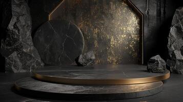 AI generated A black and gold of a nature marble platform surrounded by rocks. The background is geometric Stone and Rock shape, minimalist mockup for podium display showcase, studio room photo