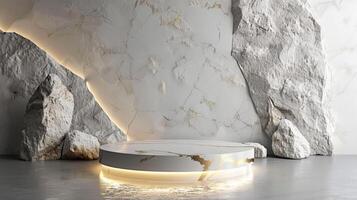 AI generated A white and gold of a nature marble platform surrounded by rocks. The background is geometric Stone and Rock shape, minimalist mockup for podium display showcase, studio room photo