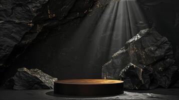 AI generated A black and gold of a nature marble platform surrounded by rocks. The background is geometric Stone and Rock shape, minimalist mockup for podium display showcase, studio room photo