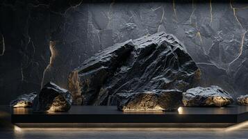 AI generated A black and gold of a nature marble platform surrounded by rocks. The background is geometric Stone and Rock shape, minimalist mockup for podium display showcase, studio room photo