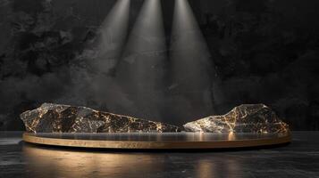 AI generated A black and gold of a nature marble platform surrounded by rocks. The background is geometric Stone and Rock shape, minimalist mockup for podium display showcase, studio room photo