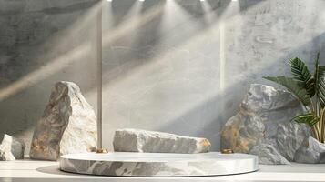 AI generated A white and gold of a nature marble platform surrounded by rocks. The background is geometric Stone and Rock shape, minimalist mockup for podium display showcase, studio room photo