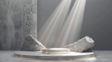 AI generated A white and gold of a nature marble platform surrounded by rocks. The background is geometric Stone and Rock shape, minimalist mockup for podium display showcase, studio room photo