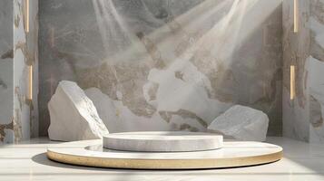 AI generated A white and gold of a nature marble platform surrounded by rocks. The background is geometric Stone and Rock shape, minimalist mockup for podium display showcase, studio room photo