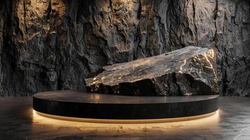 AI generated A black and gold of a nature marble platform surrounded by rocks. The background is geometric Stone and Rock shape, minimalist mockup for podium display showcase, studio room photo